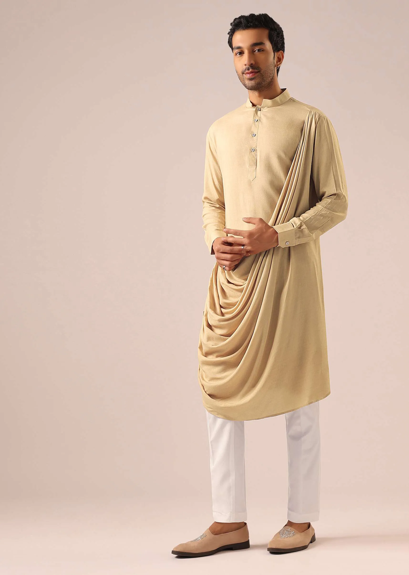 Beige Velvet Asymmetric Kurta Set with Cutwork Detail