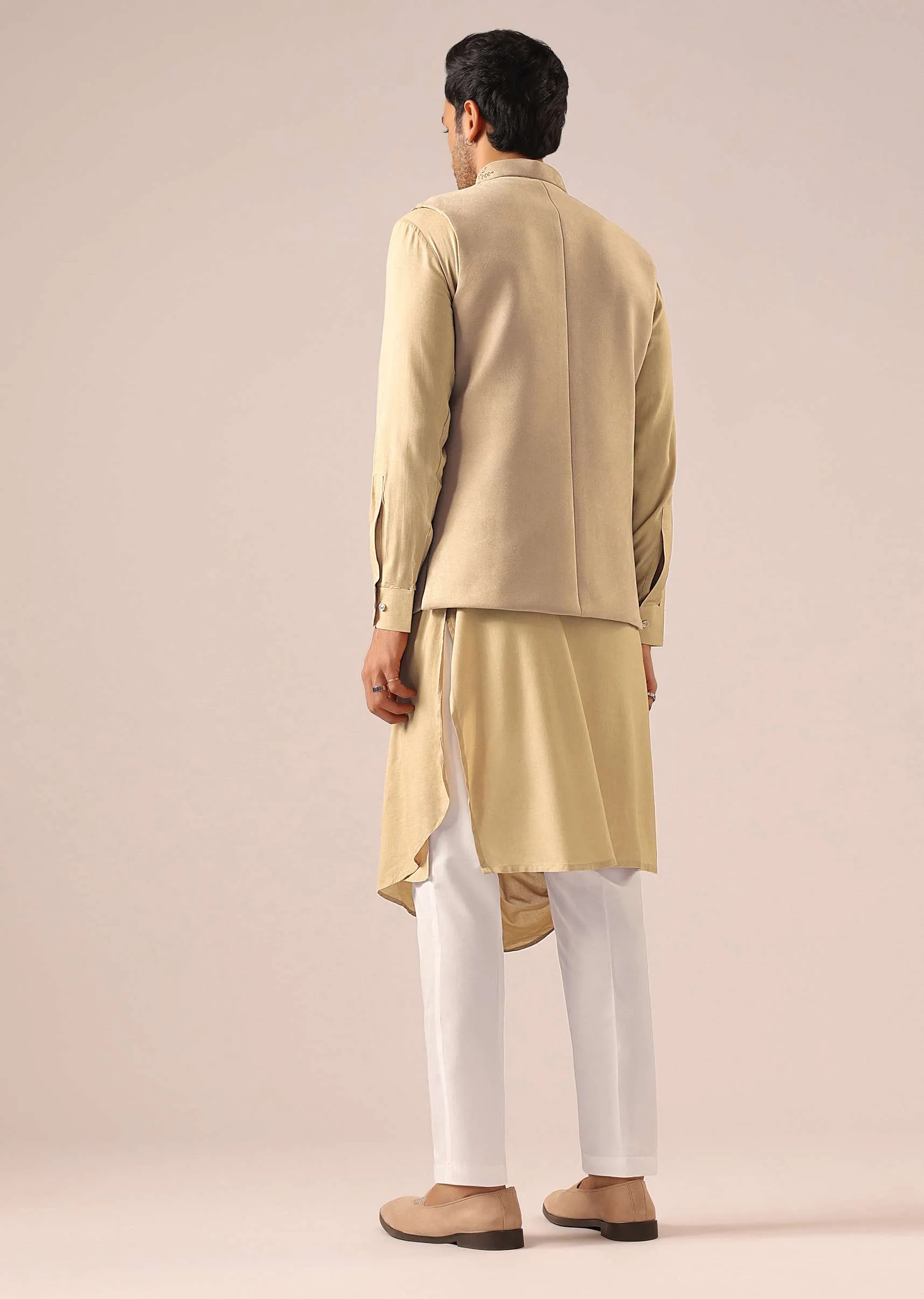 Beige Velvet Asymmetric Kurta Set with Cutwork Detail