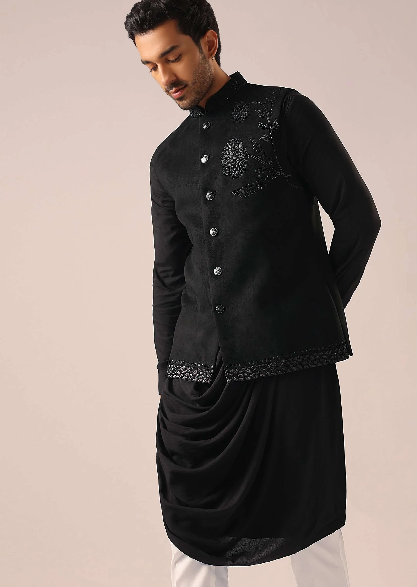 Black Cowl Draped Kurta Set with Cutwork Detail
