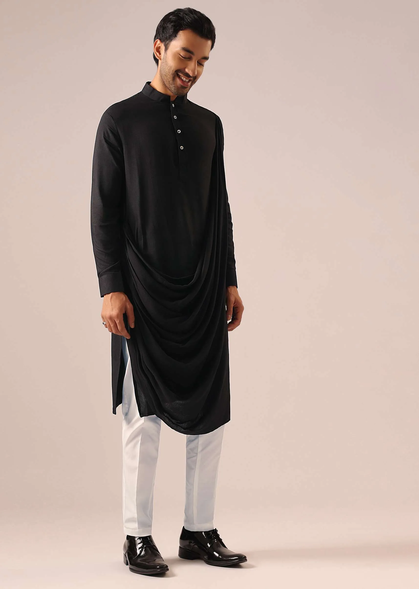 Black Cowl Draped Kurta Set with Cutwork Detail