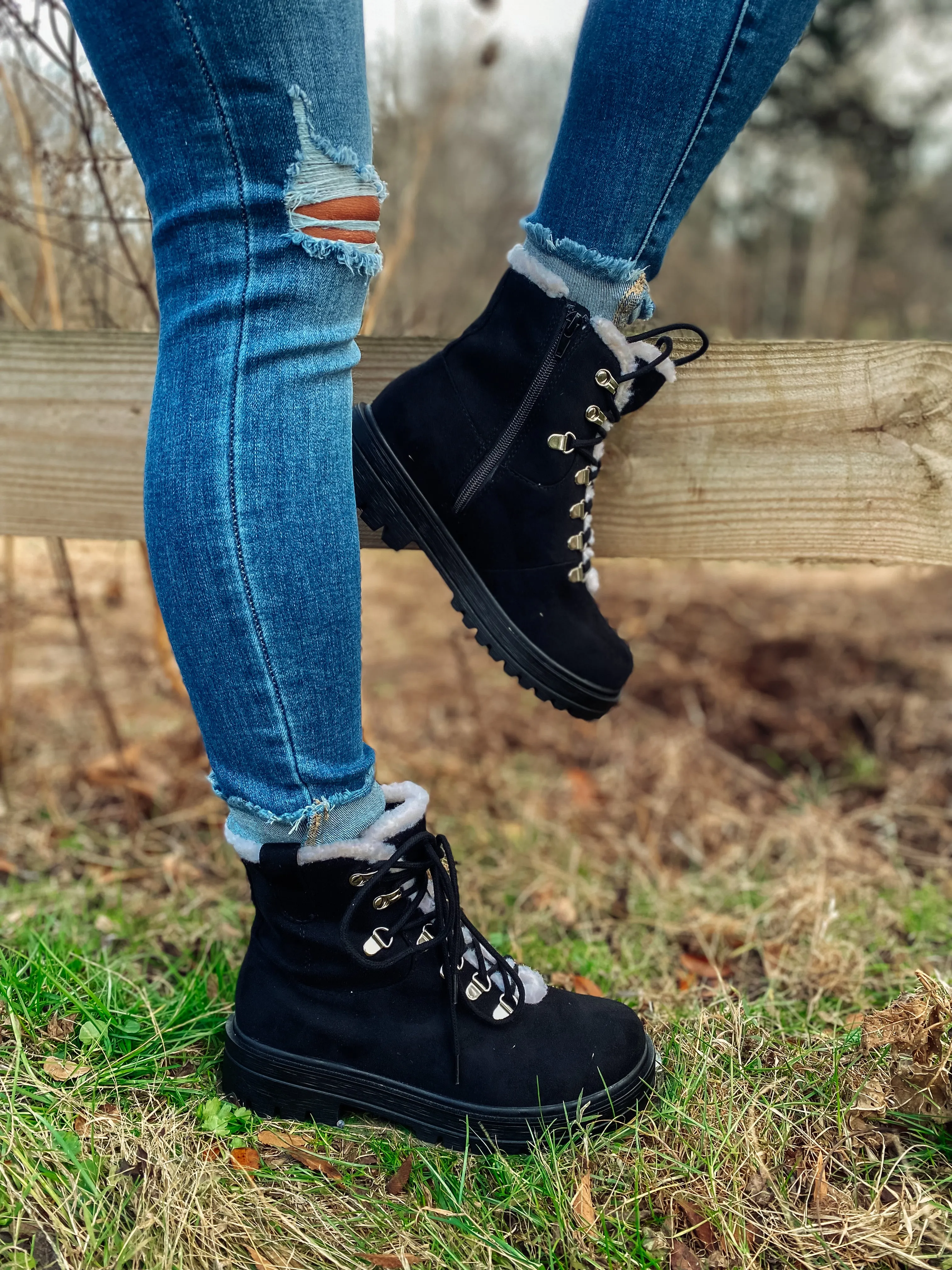 Black Faux Fur Lace Up Boot