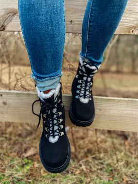 Black Faux Fur Lace Up Boot