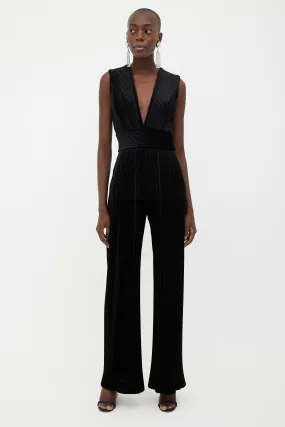 Black Pleated Velvet Sleeveless Jumpsuit