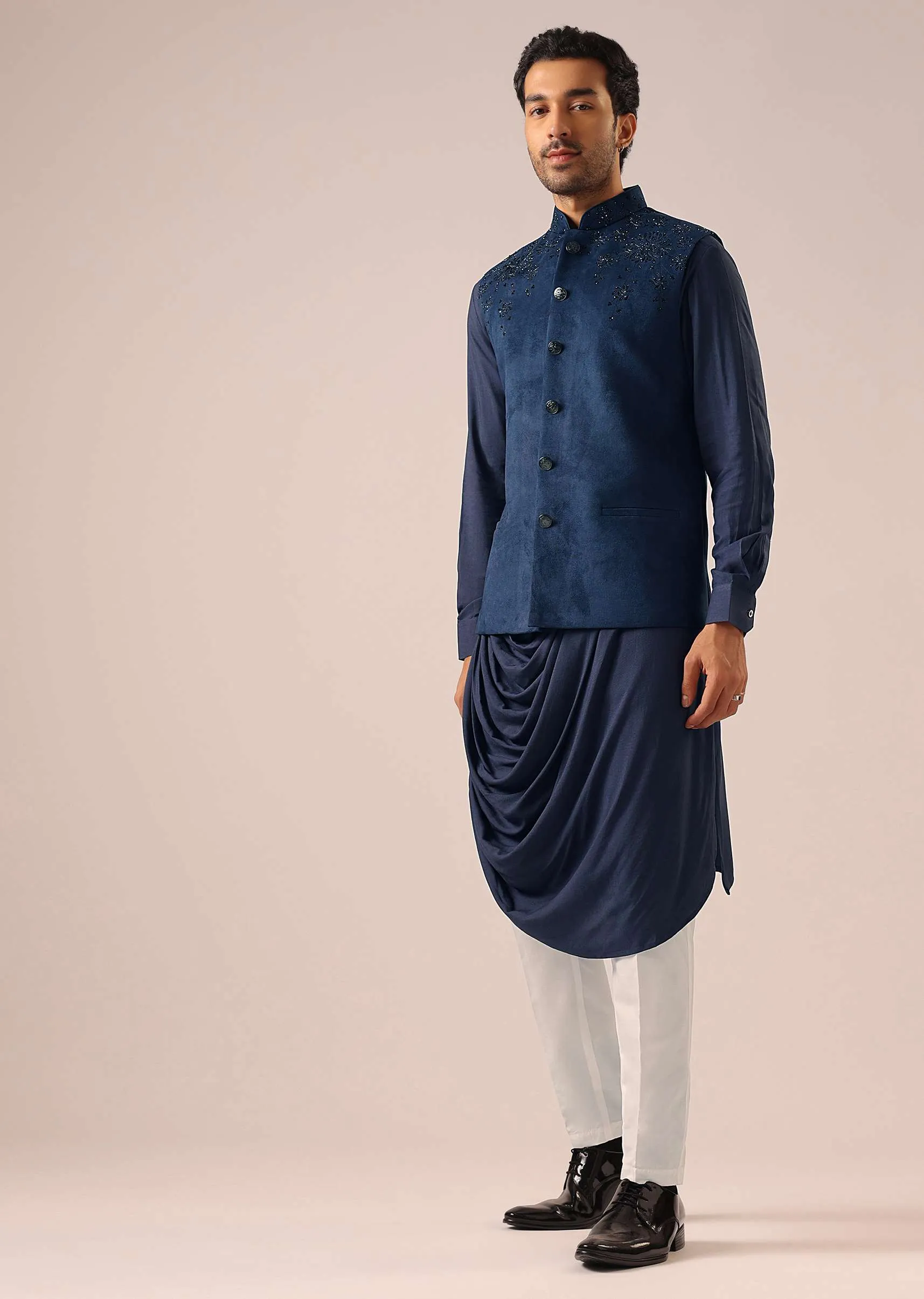Blue Cowl Draped Kurta Jacket Set in Velvet