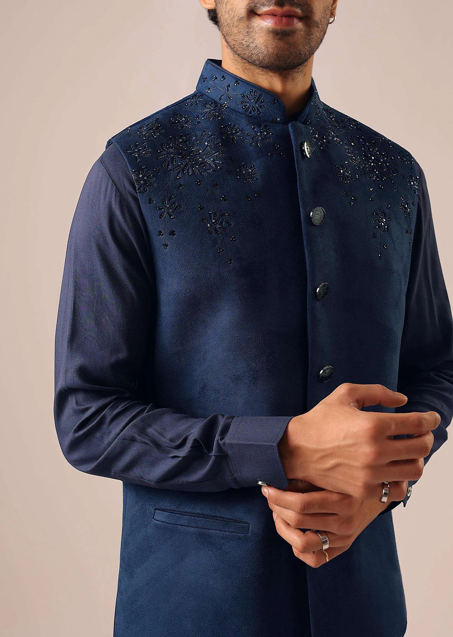 Blue Cowl Draped Kurta Jacket Set in Velvet