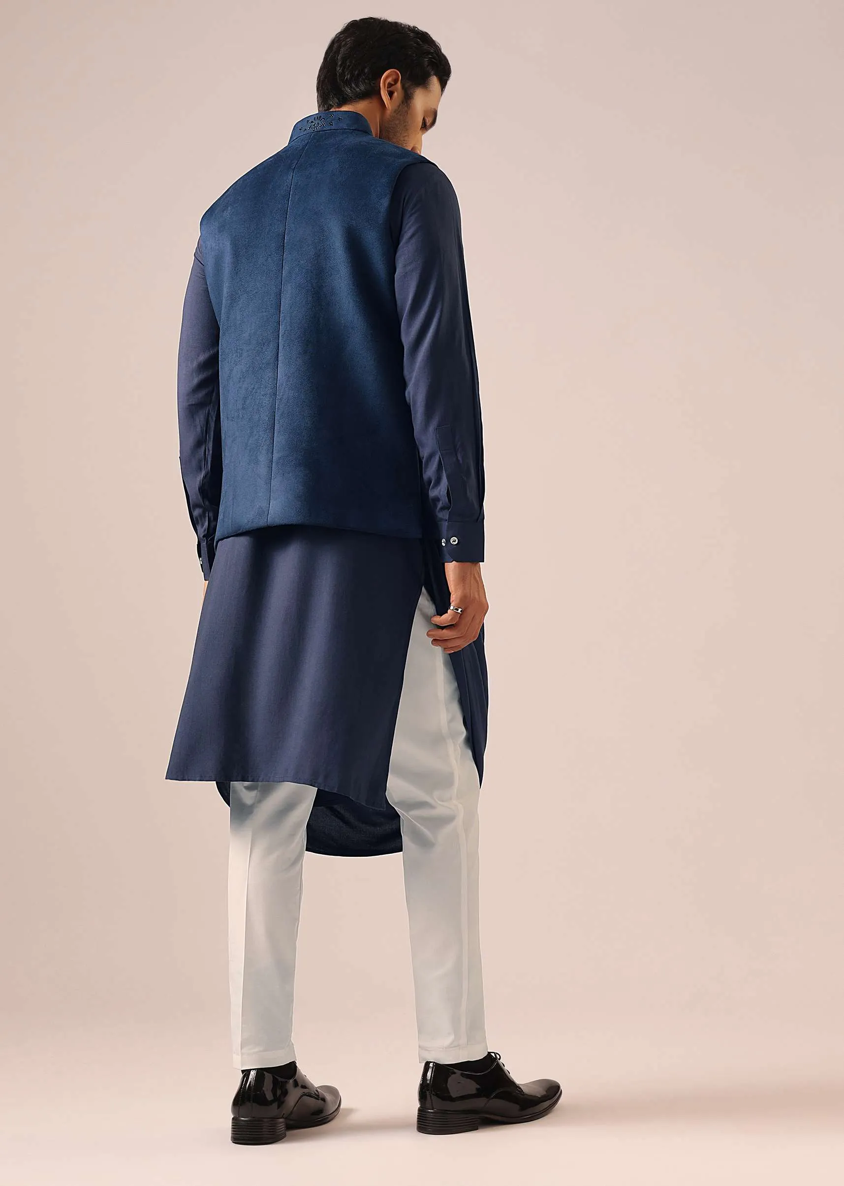 Blue Cowl Draped Kurta Jacket Set in Velvet