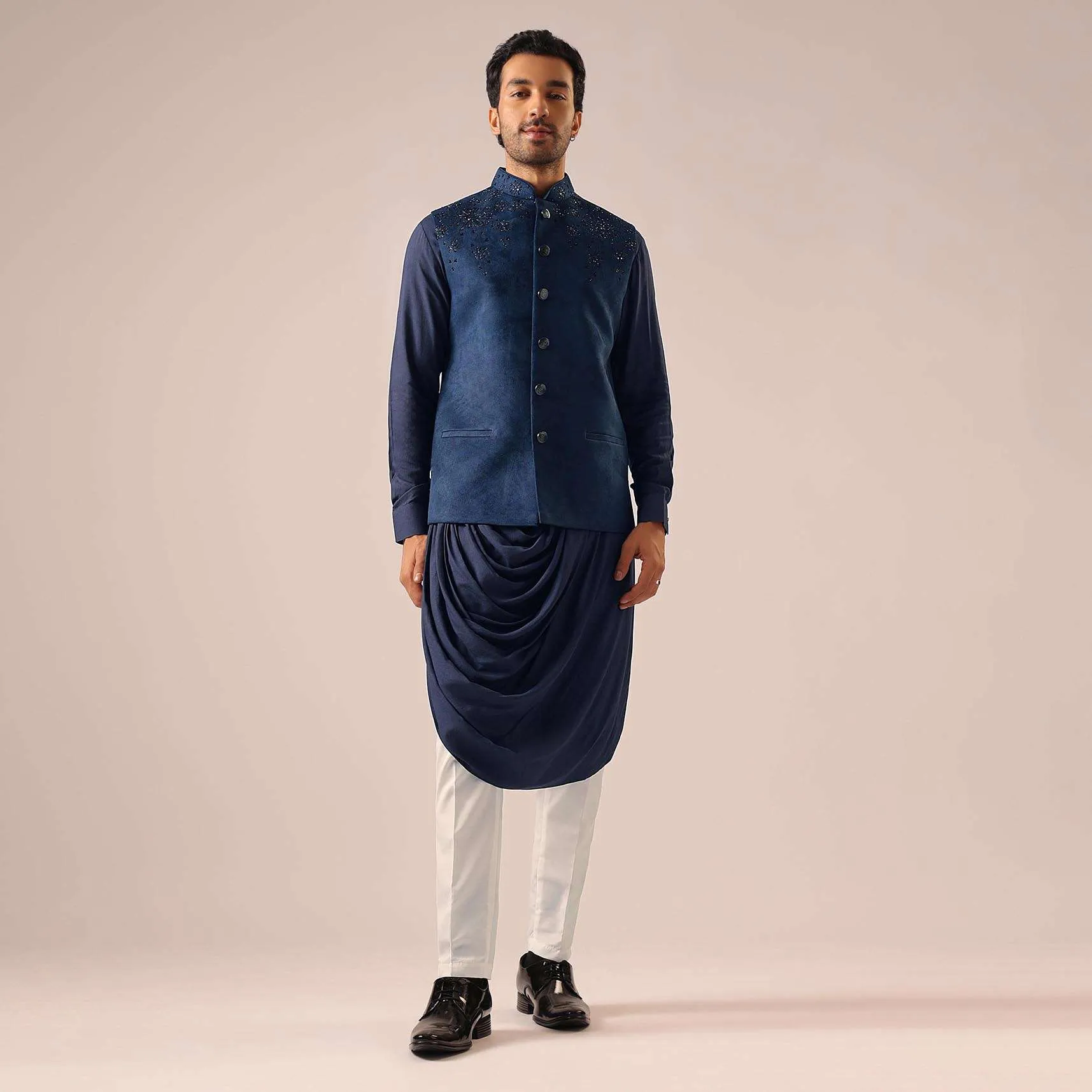 Blue Cowl Draped Kurta Jacket Set in Velvet