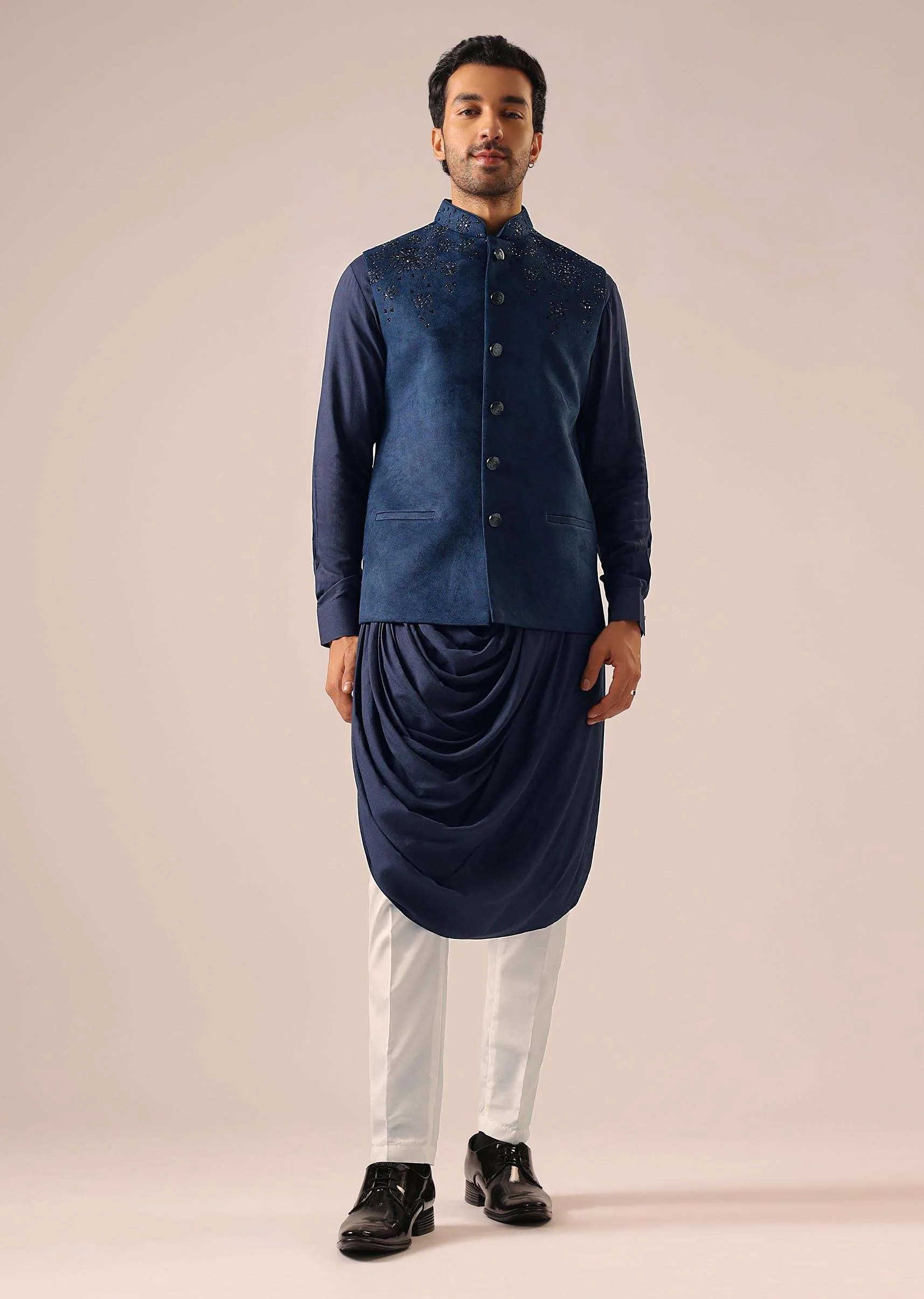 Blue Cowl Draped Kurta Jacket Set in Velvet
