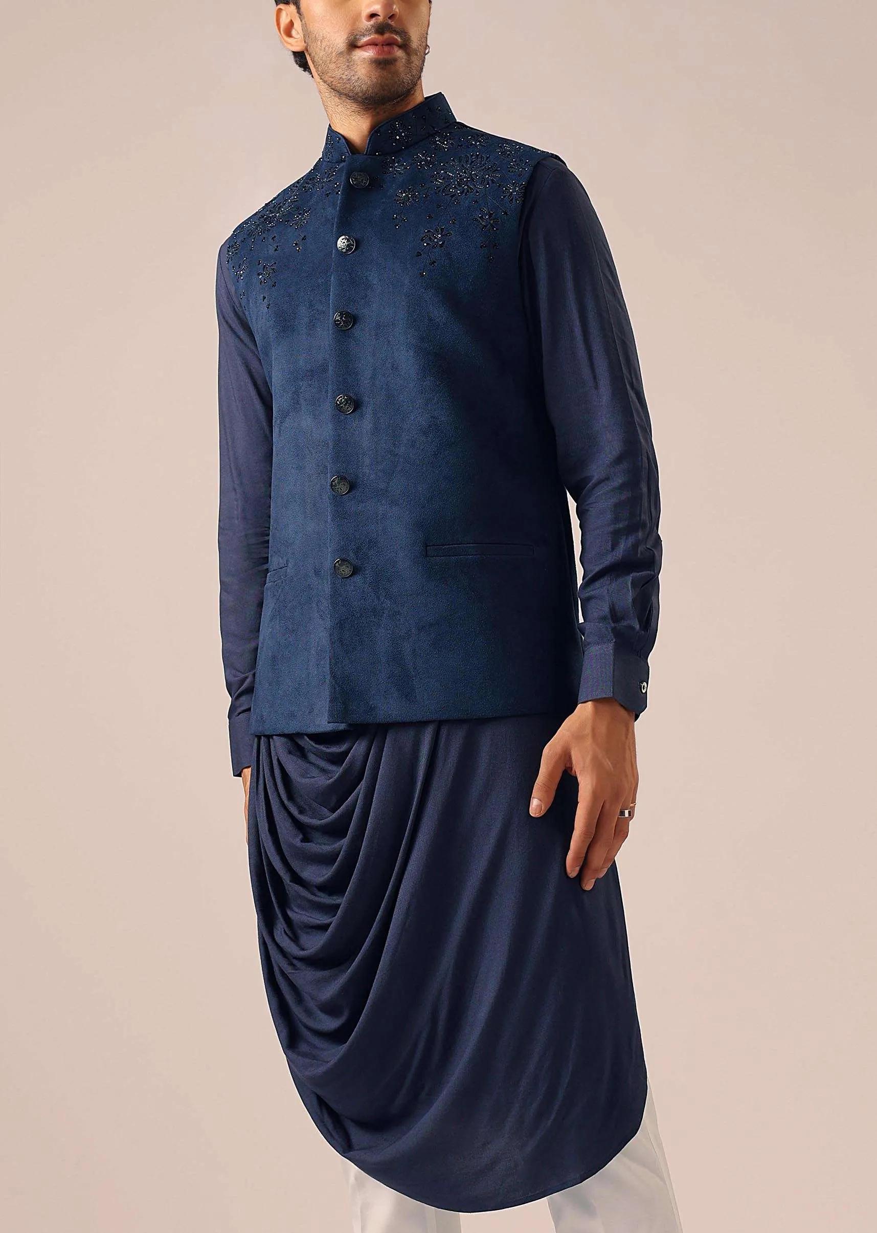 Blue Cowl Draped Kurta Jacket Set in Velvet