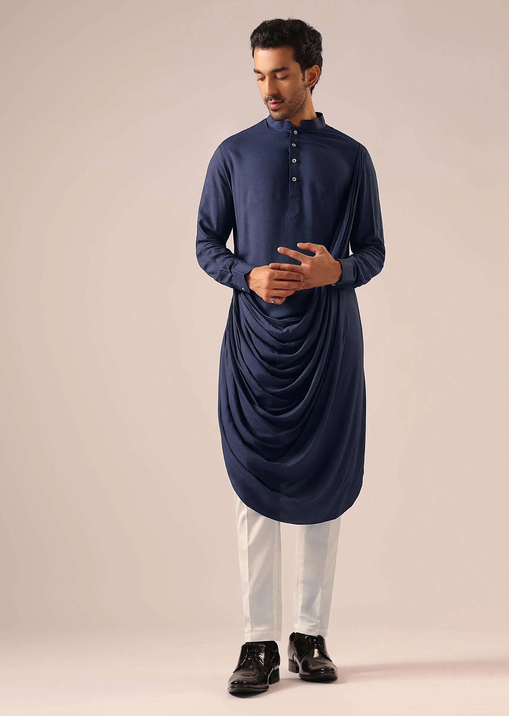 Blue Cowl Draped Kurta Jacket Set in Velvet