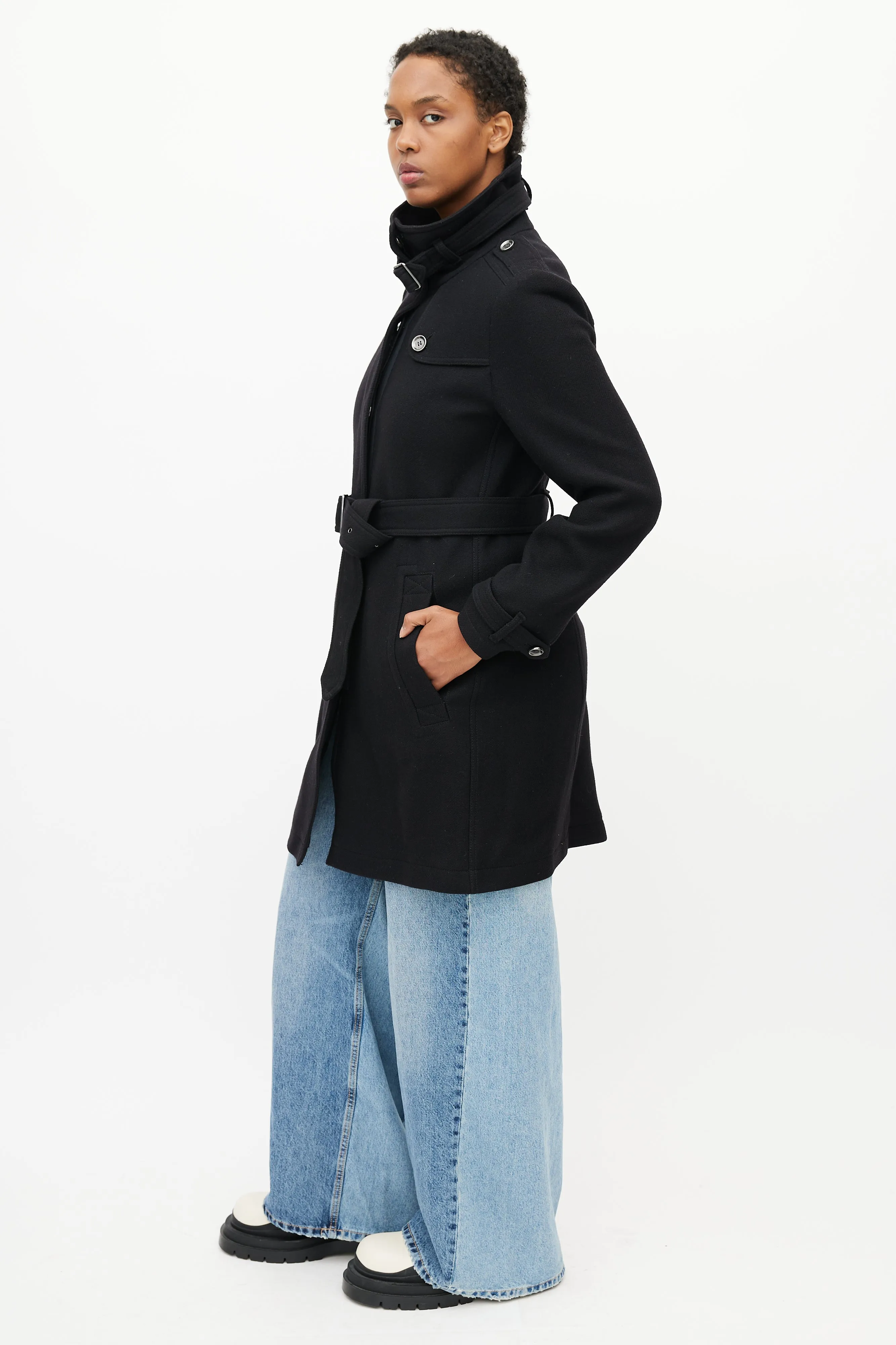 Brit Black Wool Belted Coat