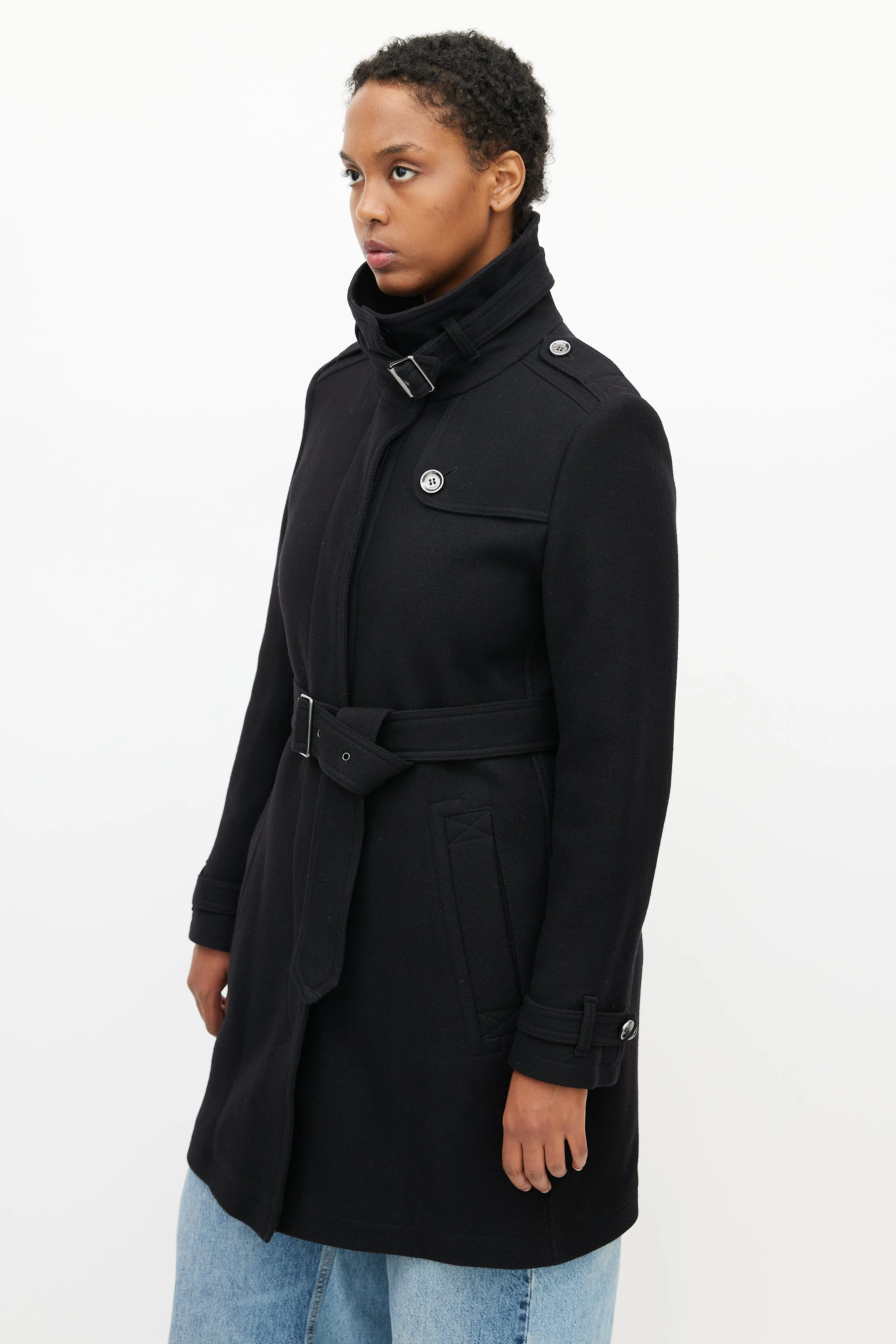 Brit Black Wool Belted Coat
