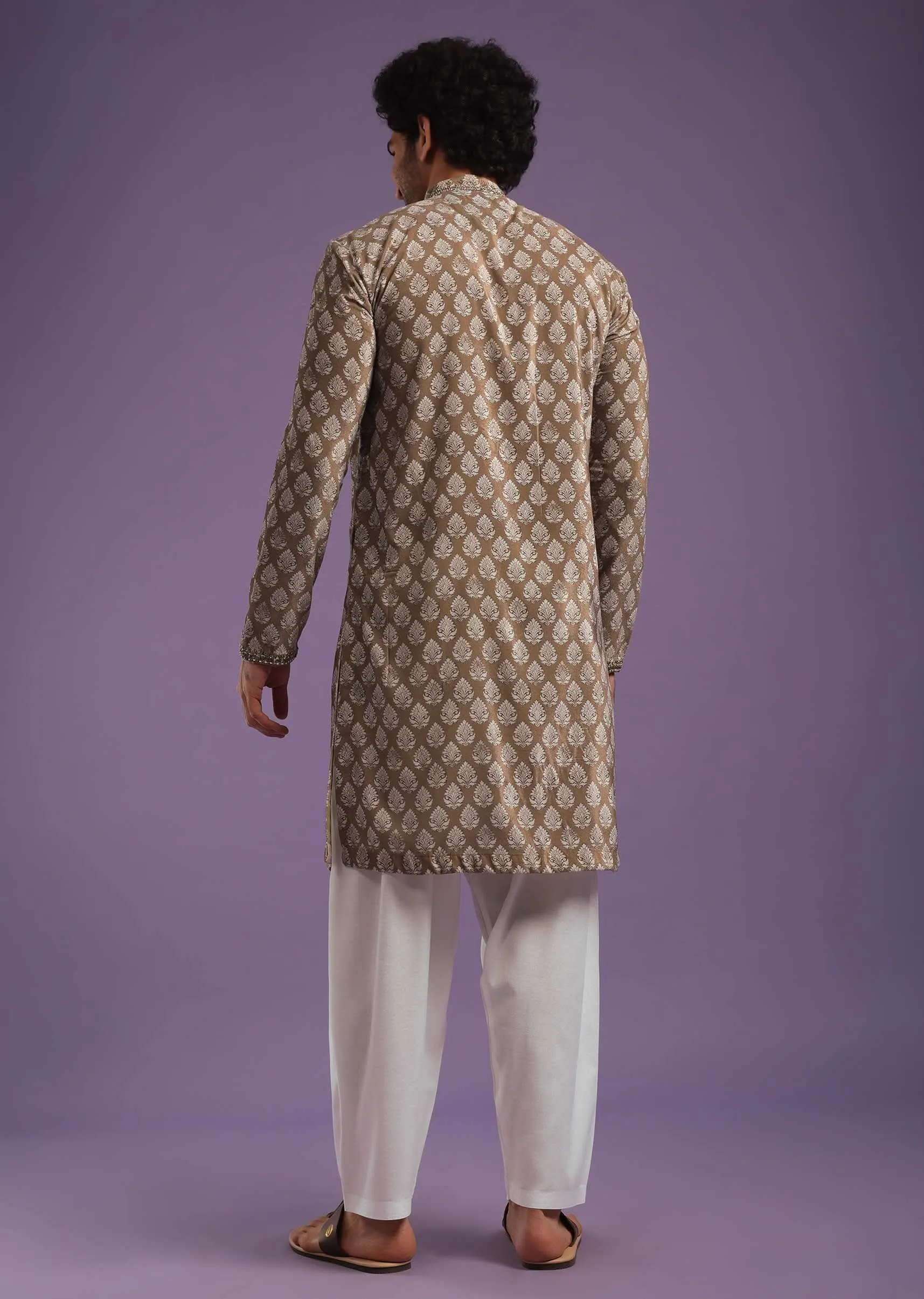 Chocolate Brown Velvet Kurta Set With Zardosi Embroidery & Block Print