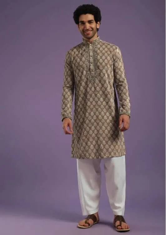 Chocolate Brown Velvet Kurta Set With Zardosi Embroidery & Block Print