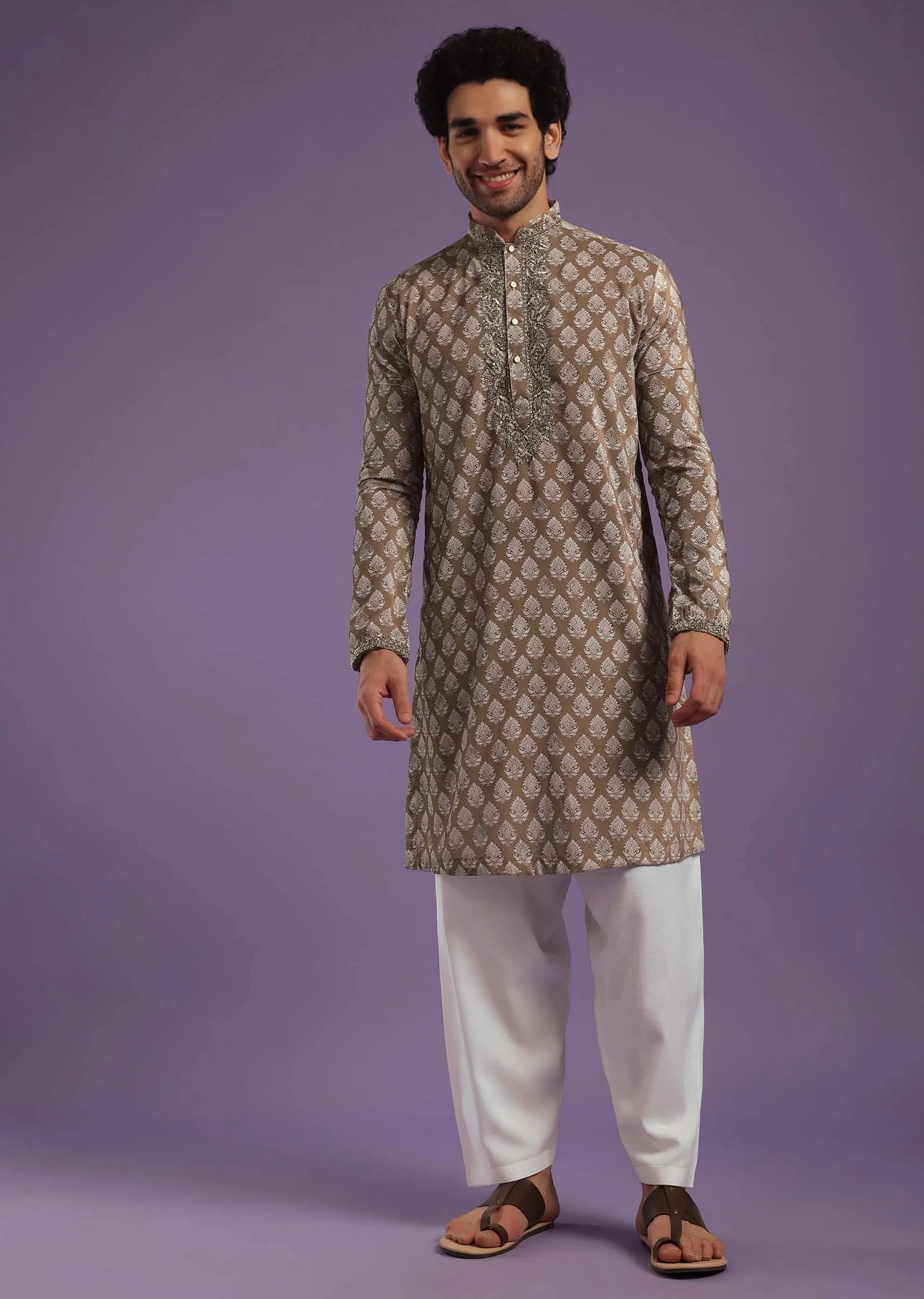 Chocolate Brown Velvet Kurta Set With Zardosi Embroidery & Block Print