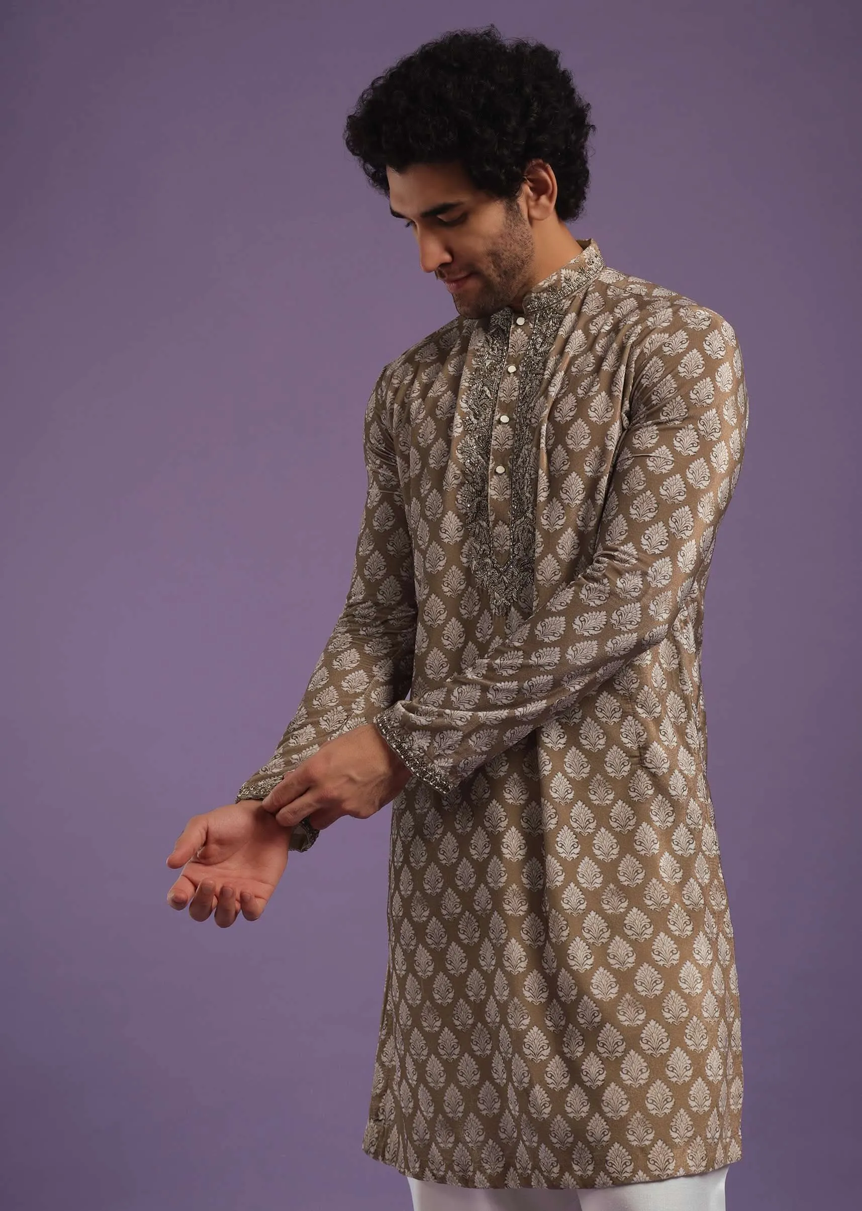 Chocolate Brown Velvet Kurta Set With Zardosi Embroidery & Block Print