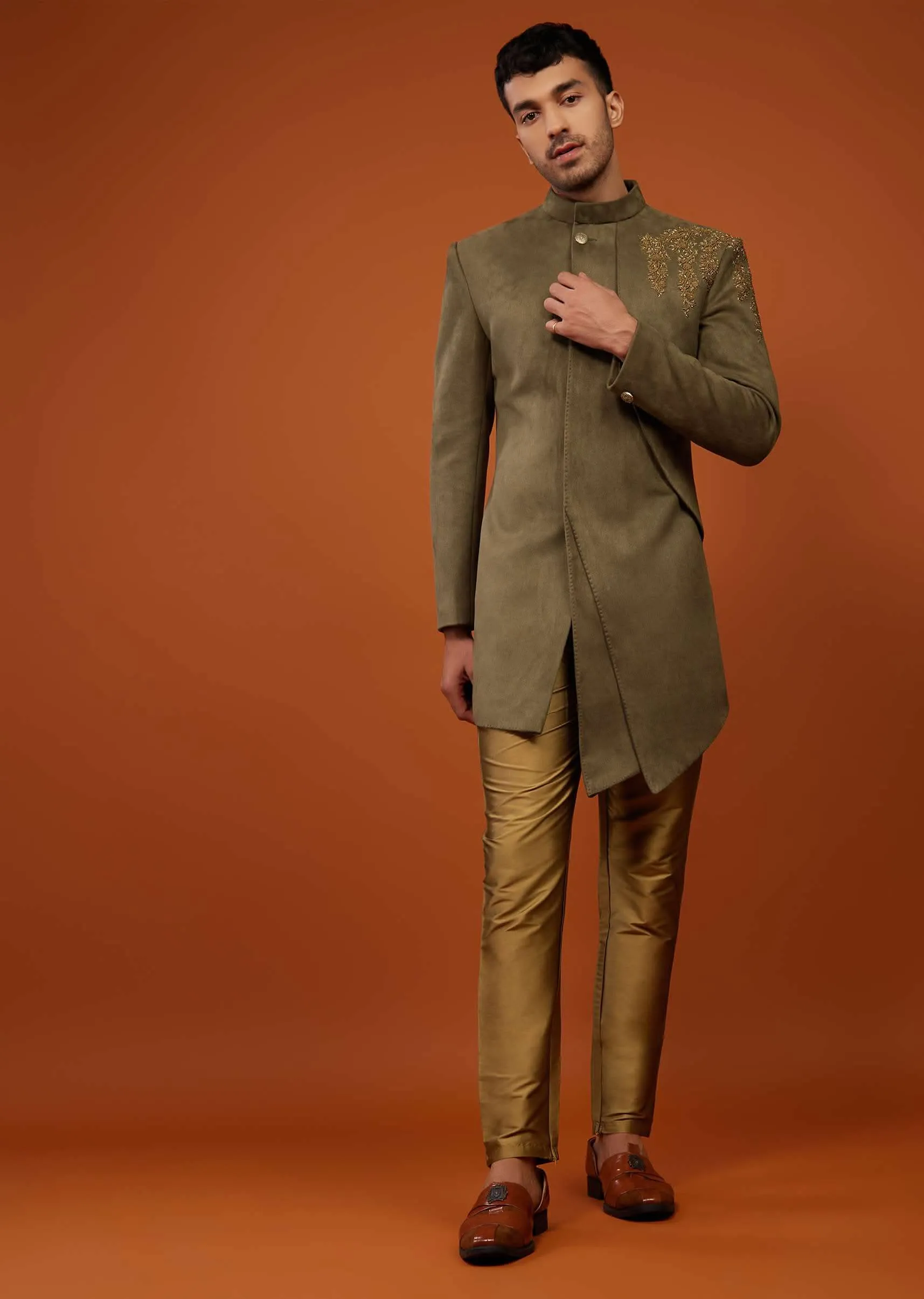 Coffee Brown Embroidered Indo-Western Kurta Set In Suede Velvet