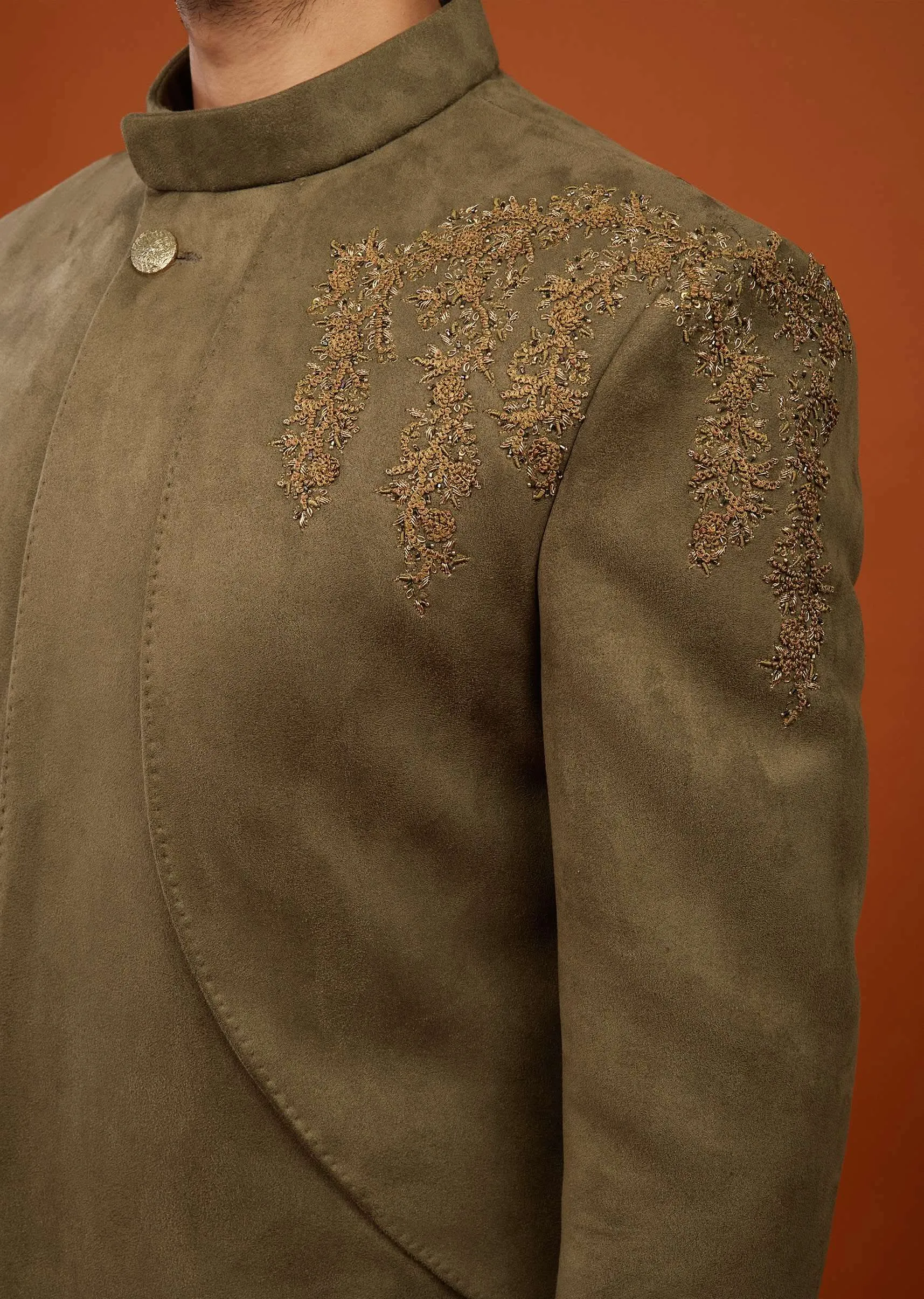 Coffee Brown Embroidered Indo-Western Kurta Set In Suede Velvet