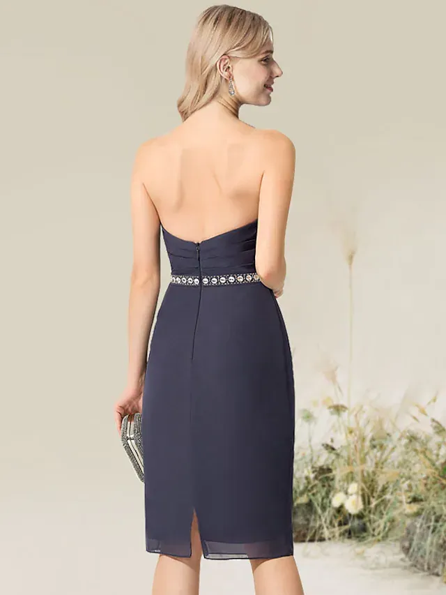 Convertible Elegant Wedding Guest Cocktail Party Dress Strapless Short Sleeve Knee Length Lace with Lace Insert