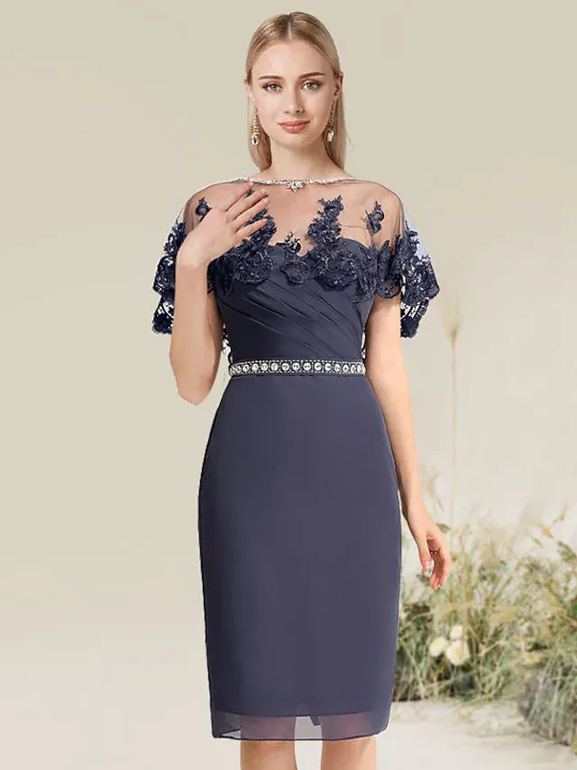 Convertible Elegant Wedding Guest Cocktail Party Dress Strapless Short Sleeve Knee Length Lace with Lace Insert