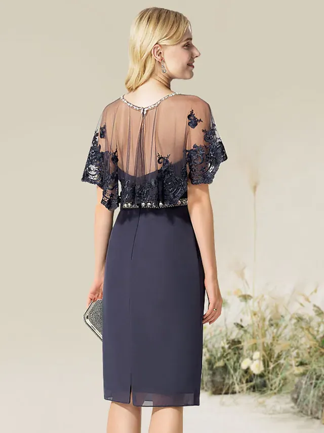 Convertible Elegant Wedding Guest Cocktail Party Dress Strapless Short Sleeve Knee Length Lace with Lace Insert