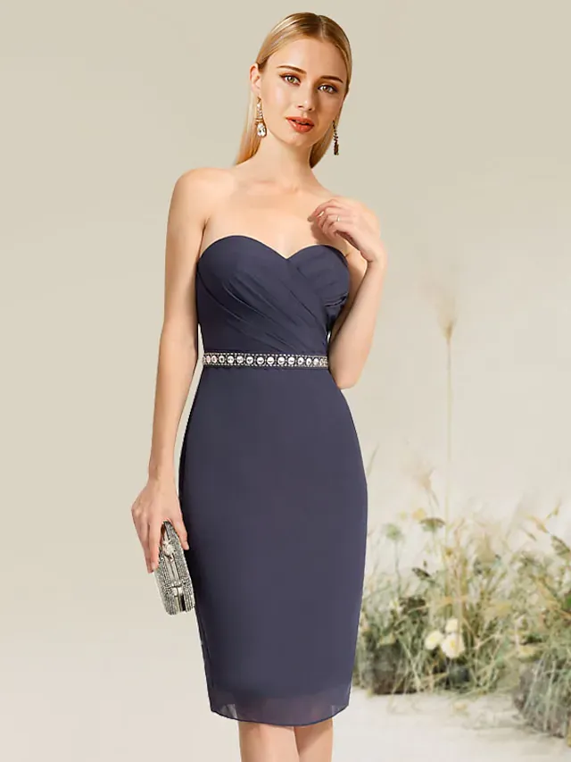 Convertible Elegant Wedding Guest Cocktail Party Dress Strapless Short Sleeve Knee Length Lace with Lace Insert