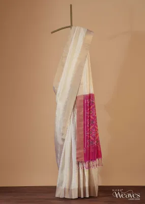 Daisy White Handloom Saree In Album South Silk With Ikat Patola Pallu And Unstitched Blouse