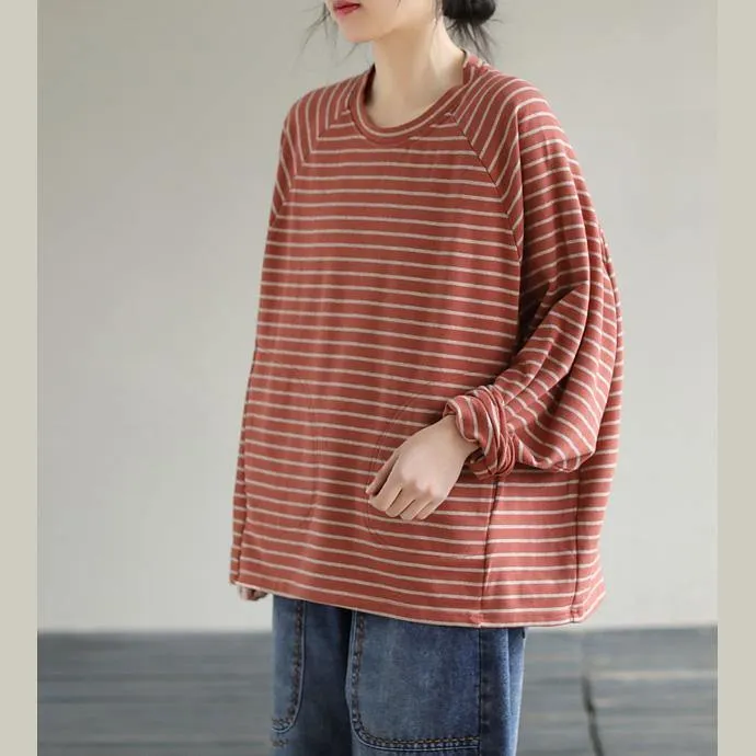 DIY Red cotton Crane tops Striped cotton Spring Sweatshirt