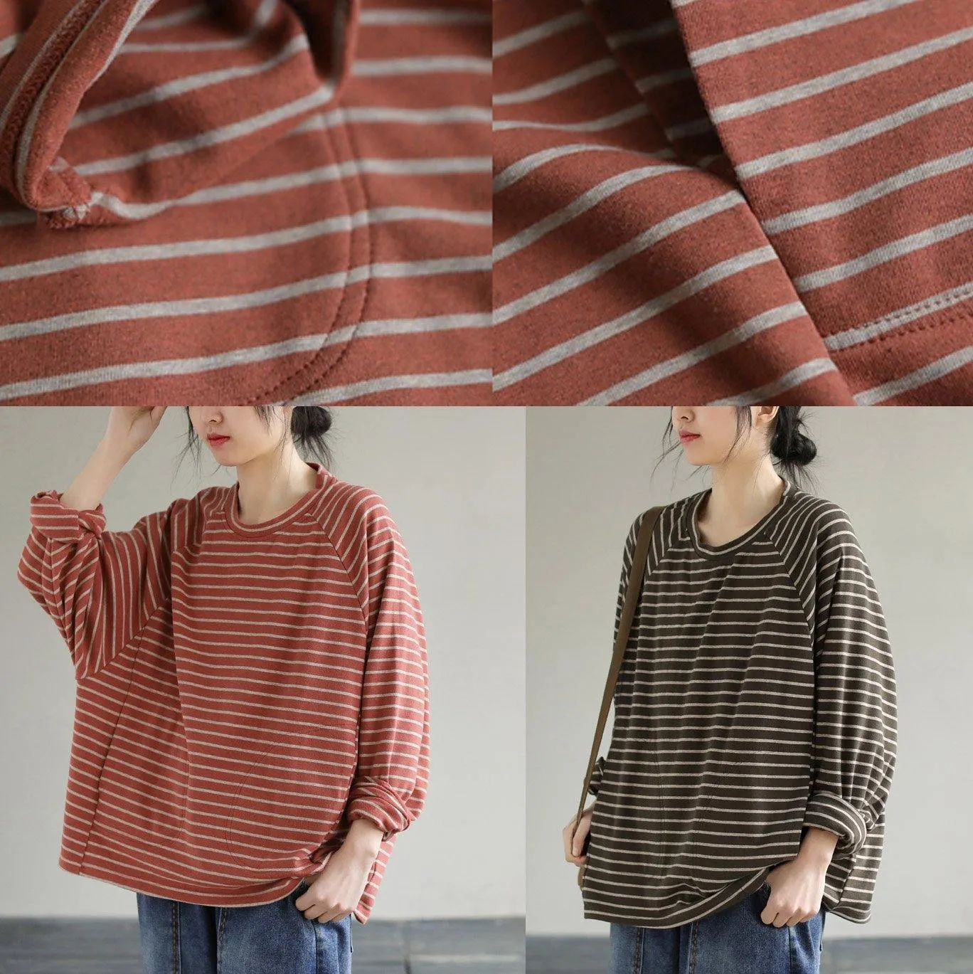 DIY Red cotton Crane tops Striped cotton Spring Sweatshirt