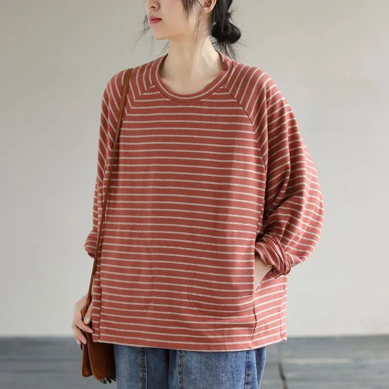 DIY Red cotton Crane tops Striped cotton Spring Sweatshirt