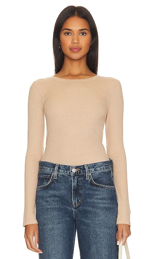 Enza Costa Silk Cashmere Rib Slim Crew in Nude
