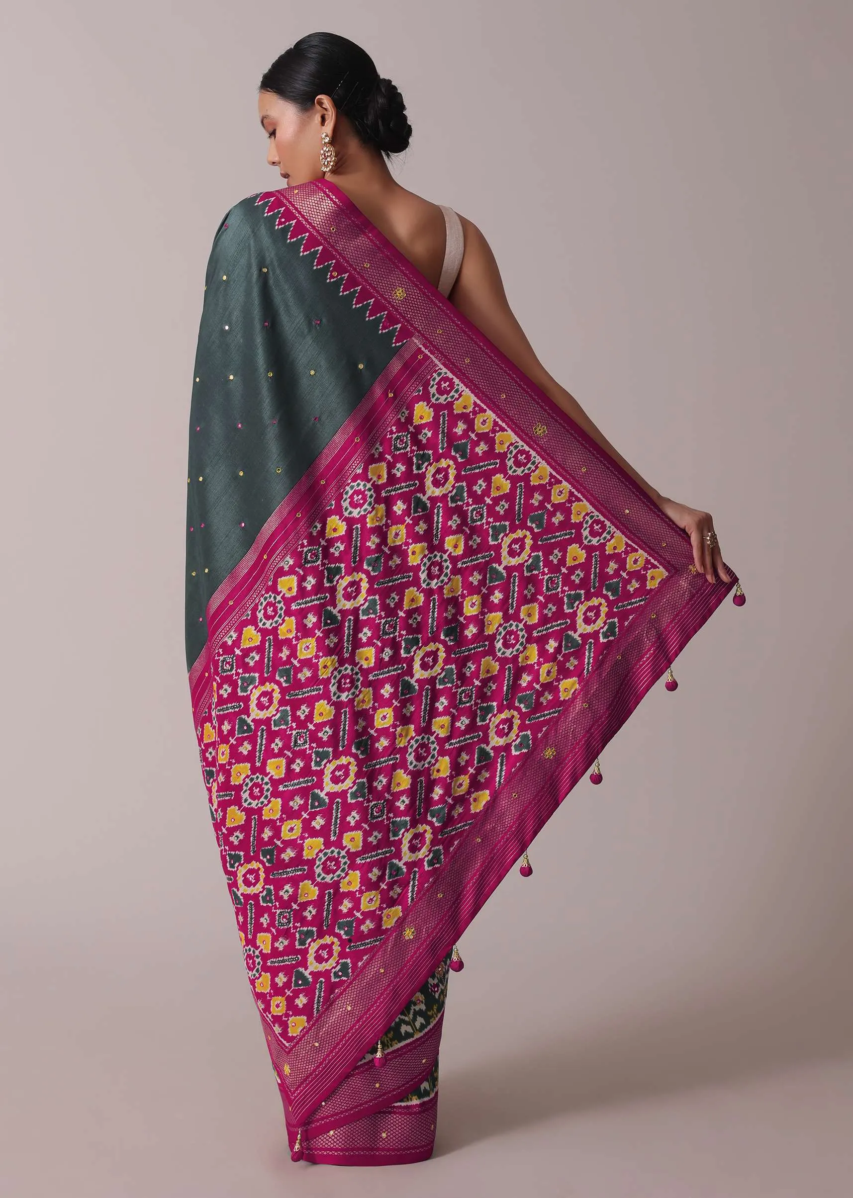 Grey Patola Printed Embroidered Festive Saree In Dola Silk