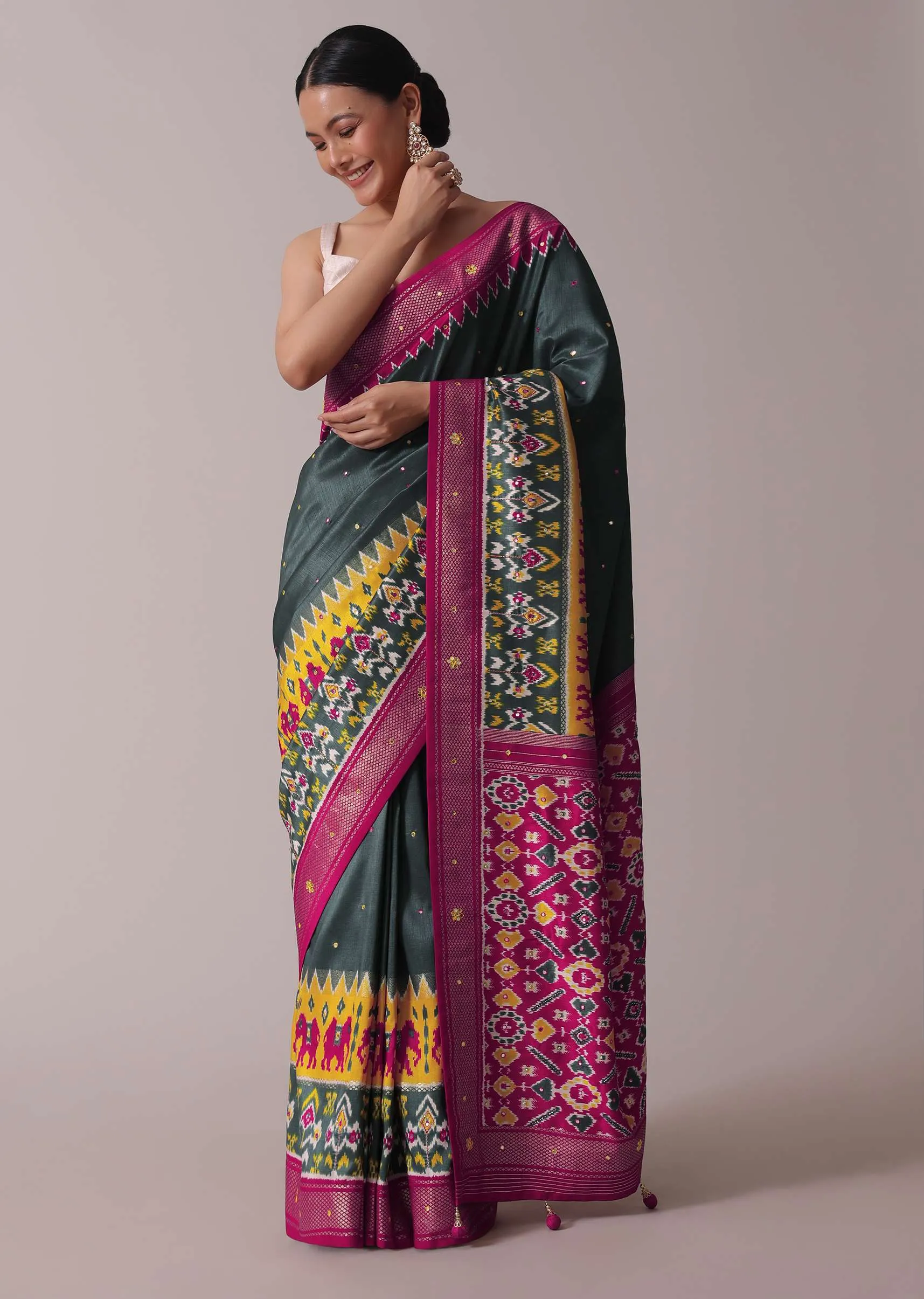 Grey Patola Printed Embroidered Festive Saree In Dola Silk