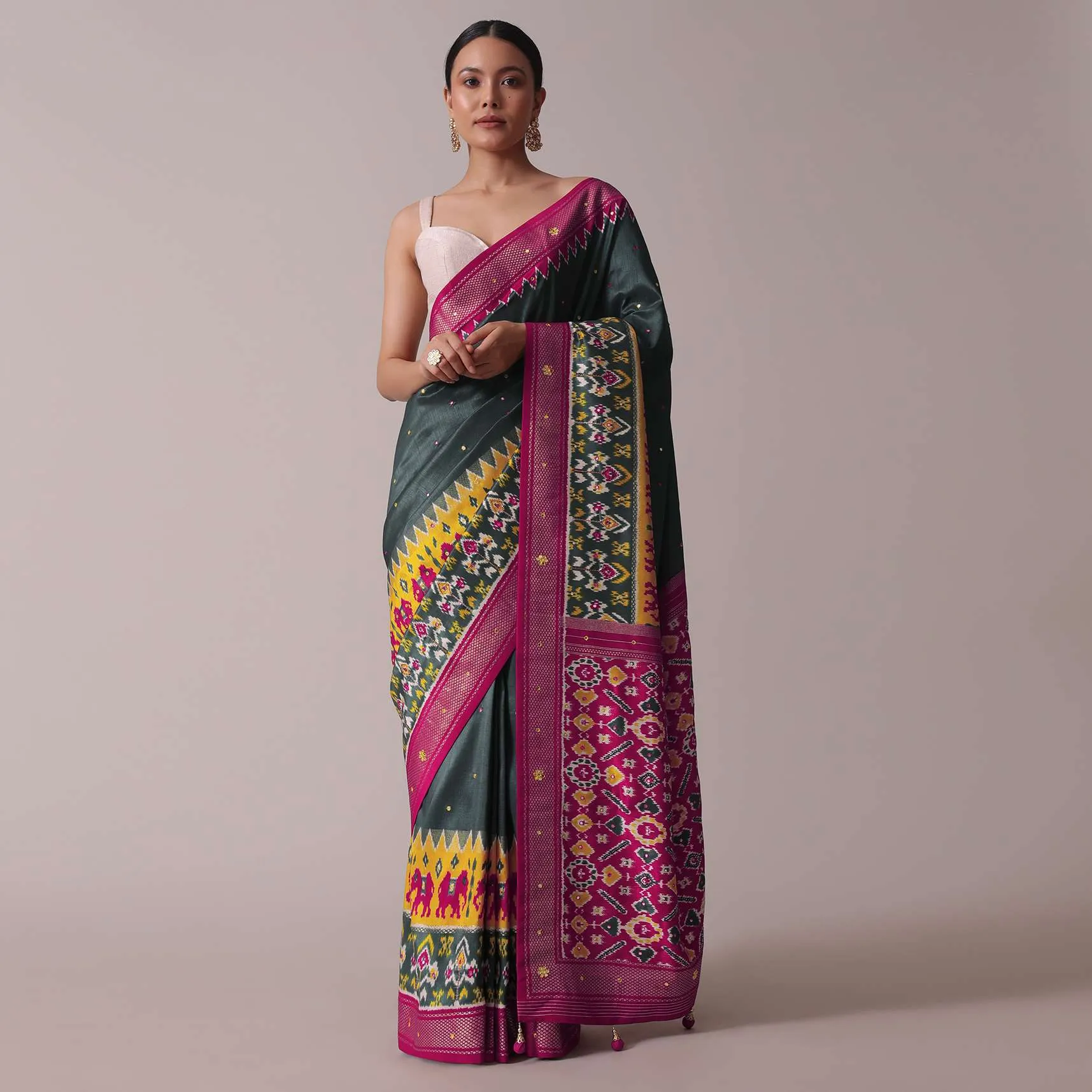 Grey Patola Printed Embroidered Festive Saree In Dola Silk