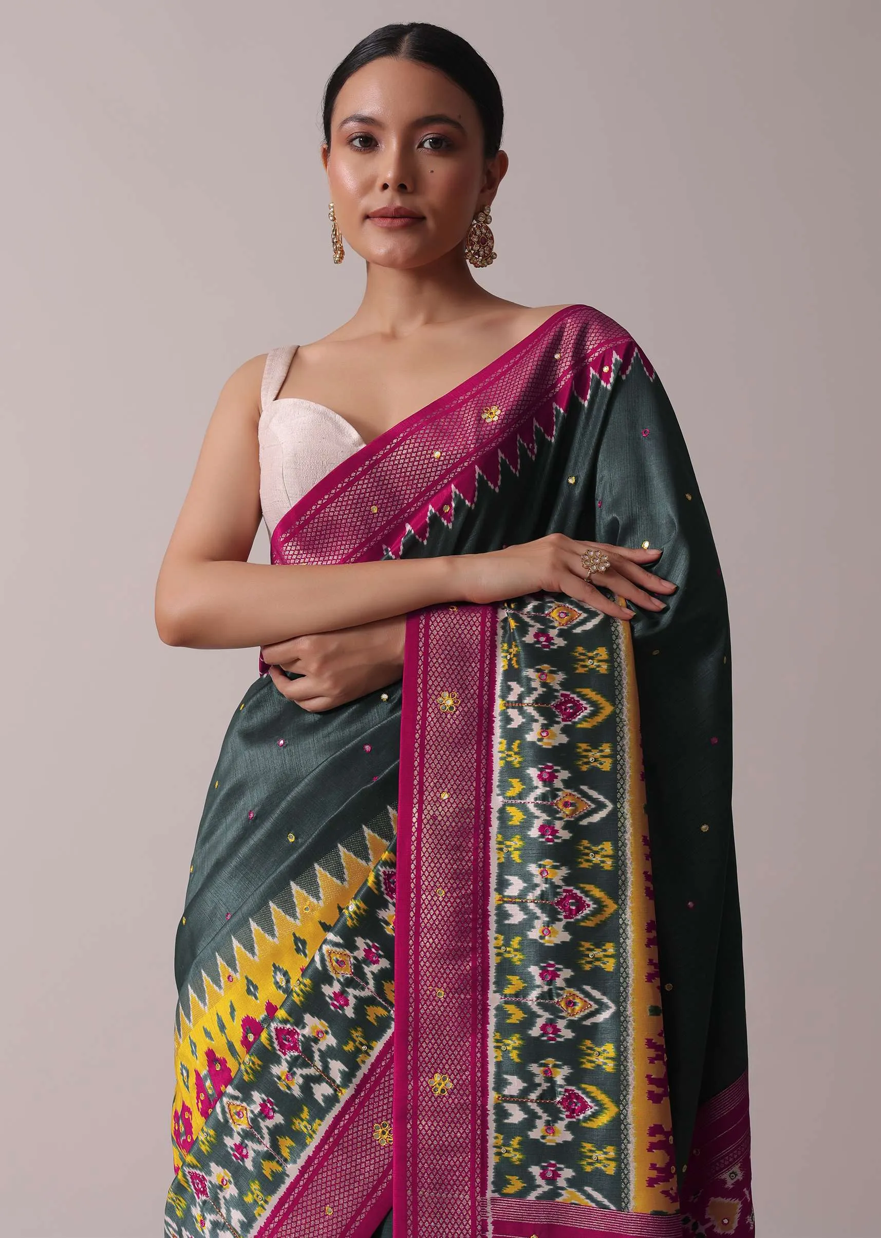 Grey Patola Printed Embroidered Festive Saree In Dola Silk