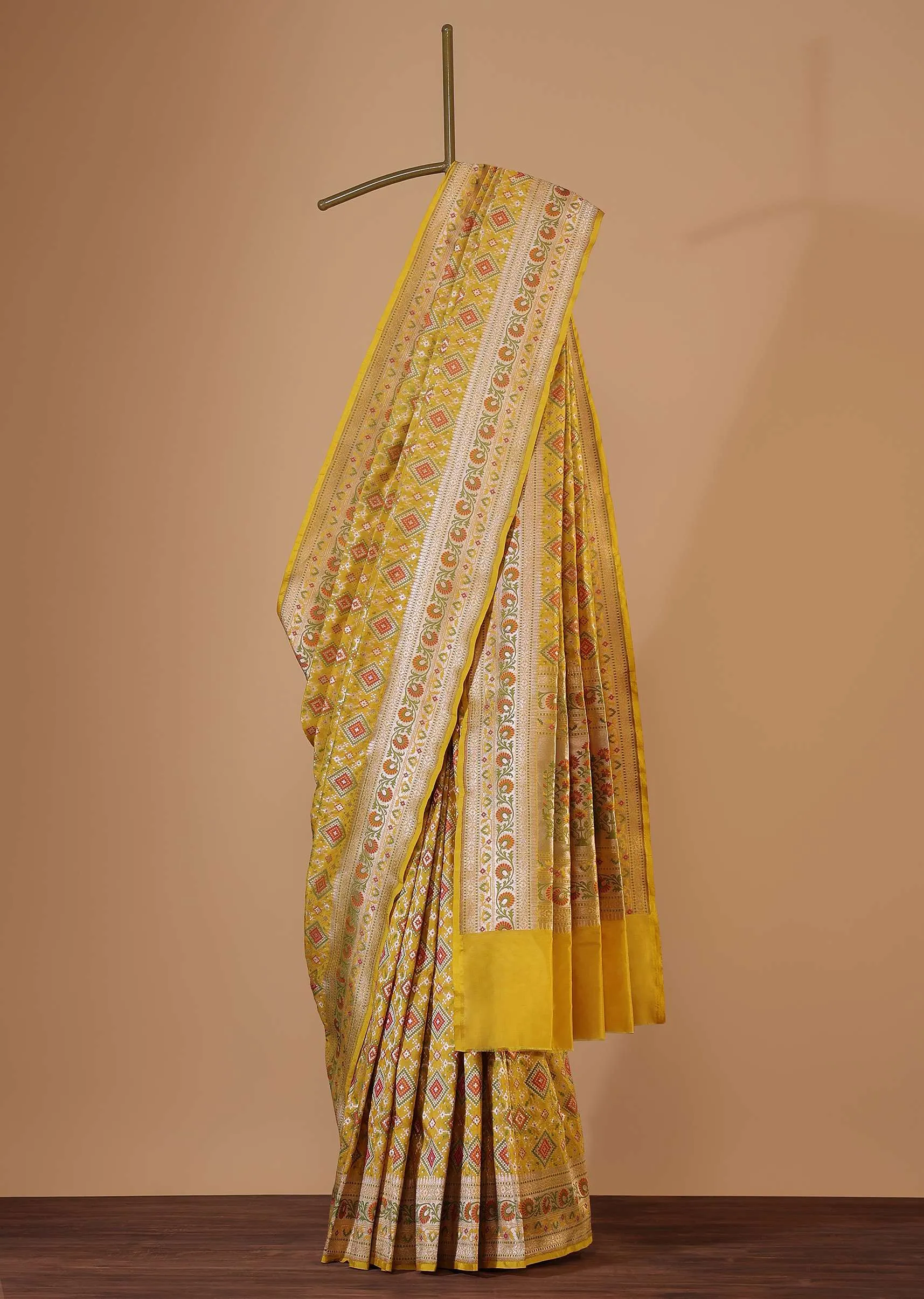 Honey Yellow Banarasi Patola Saree In Katan Silk And Ikat Weave With Unstitched Blouse