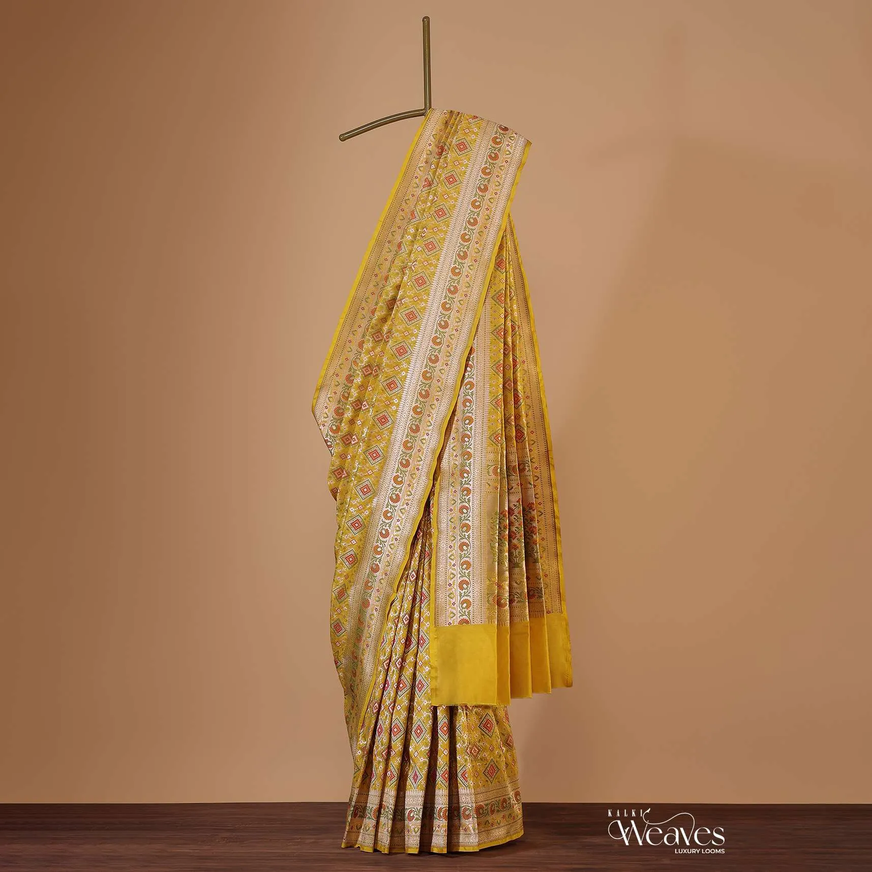 Honey Yellow Banarasi Patola Saree In Katan Silk And Ikat Weave With Unstitched Blouse