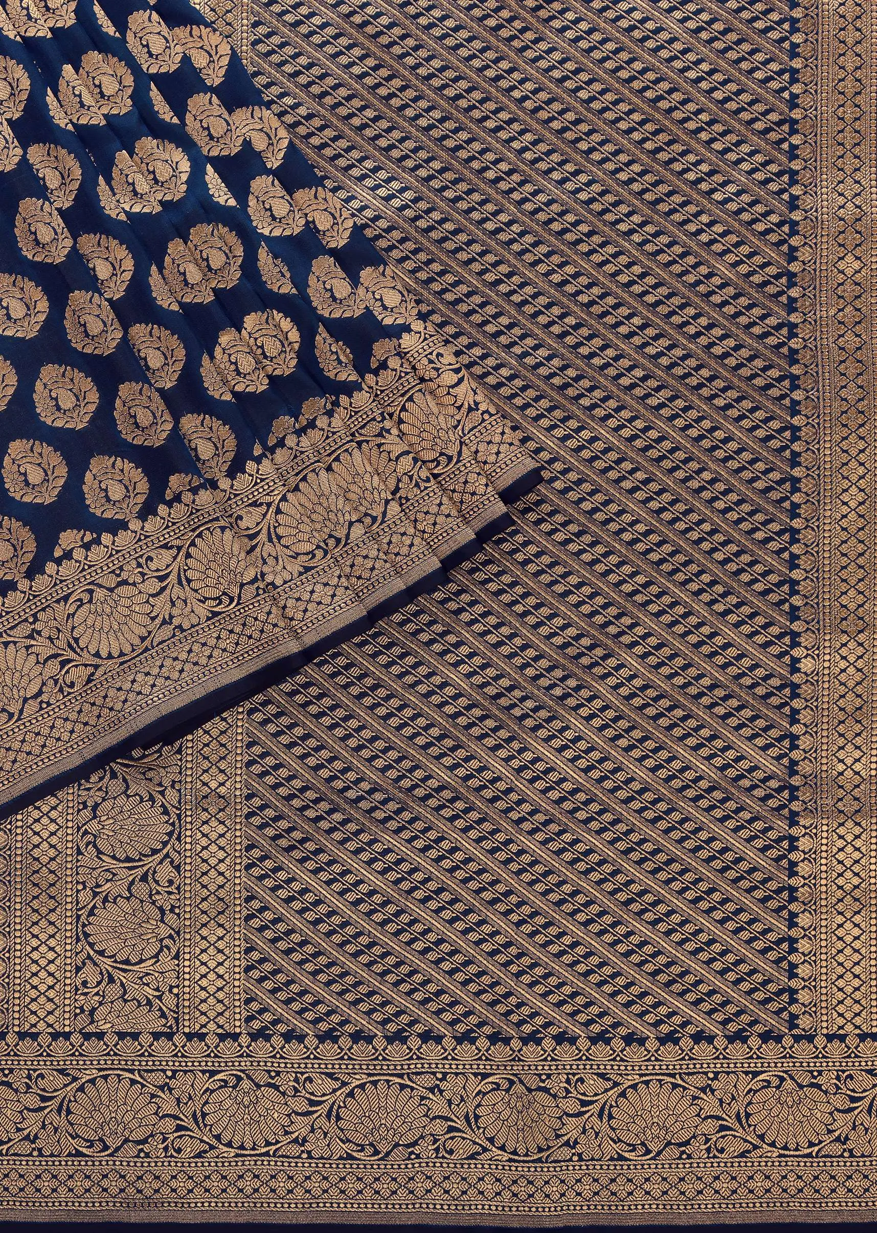 Midnight Blue Saree In Pure Banarasi Silk With Upada Zari Weave Butti Work