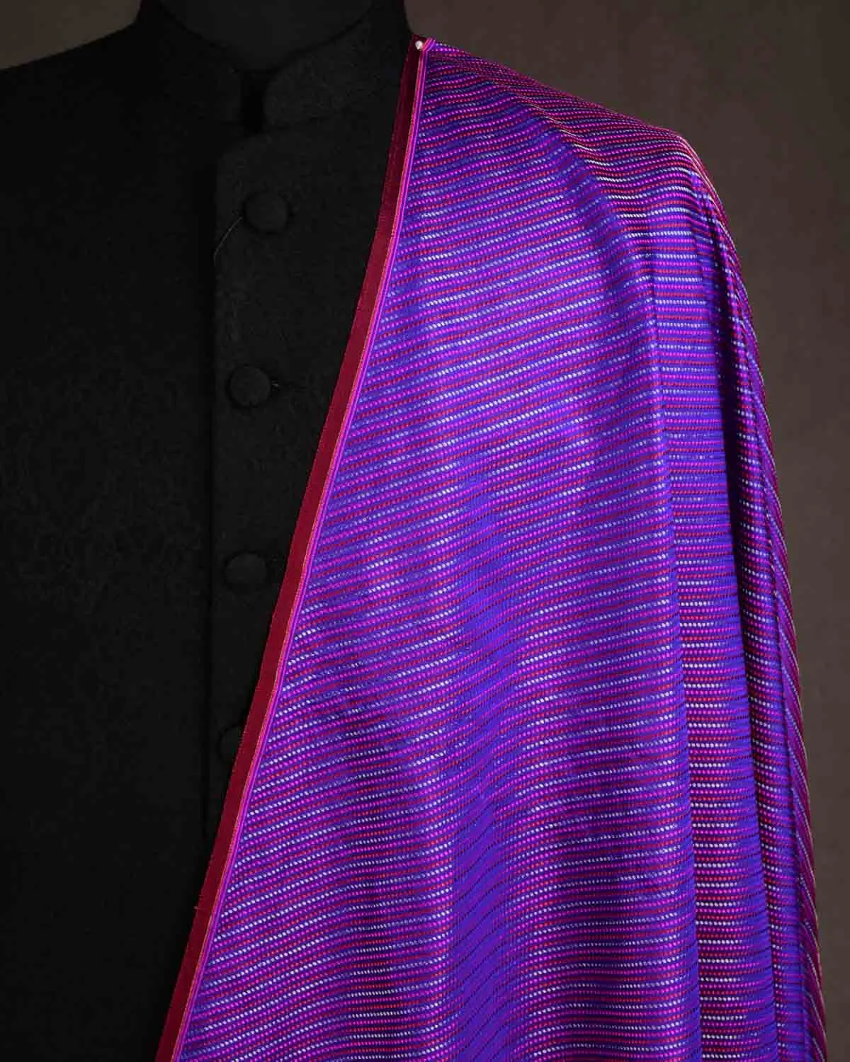Purple 3-color Diagonal Stripes Jamawar Handwoven Katan Silk Banarasi Fabric