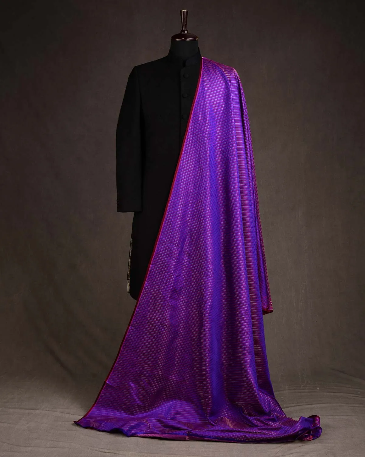 Purple 3-color Diagonal Stripes Jamawar Handwoven Katan Silk Banarasi Fabric