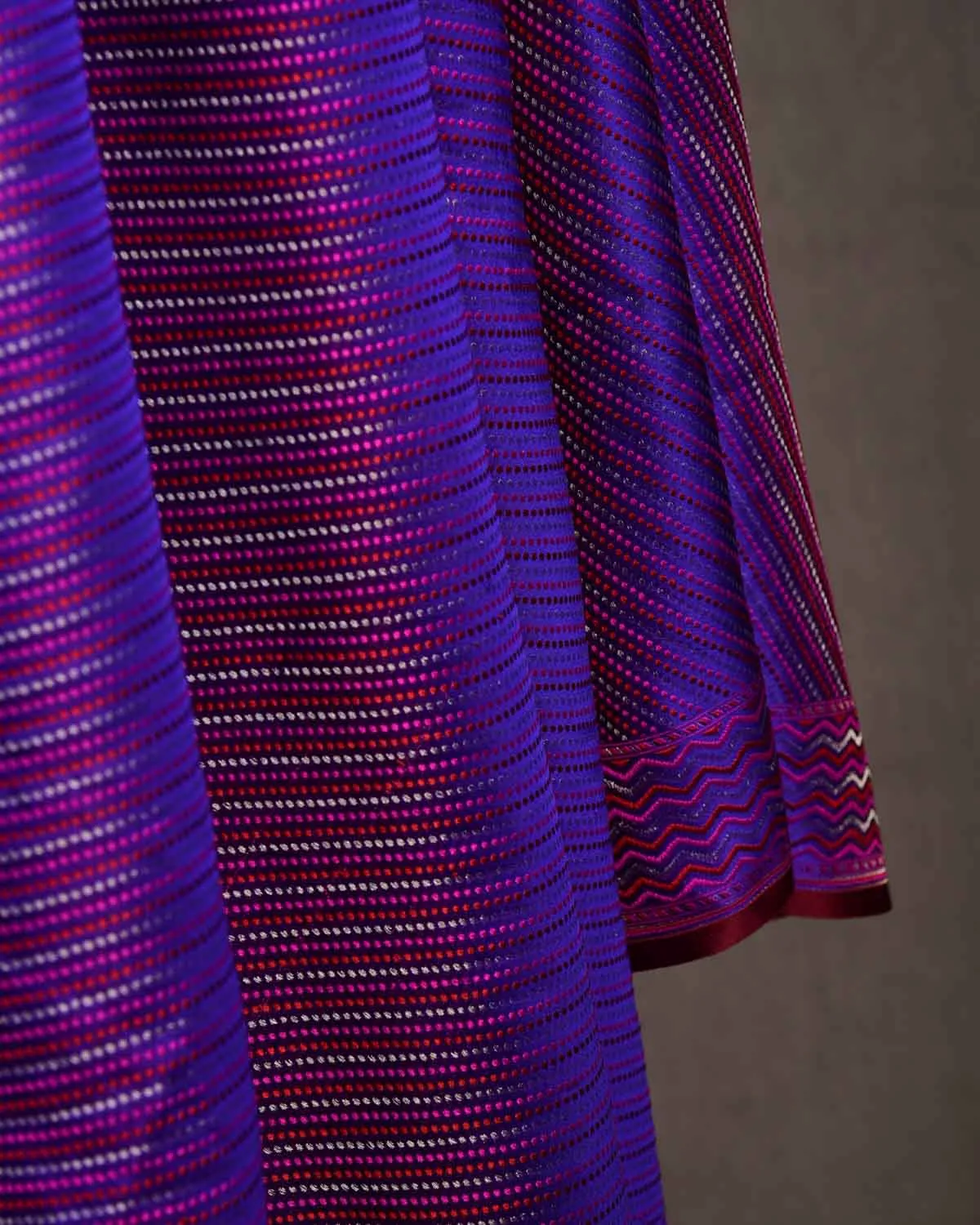 Purple 3-color Diagonal Stripes Jamawar Handwoven Katan Silk Banarasi Fabric