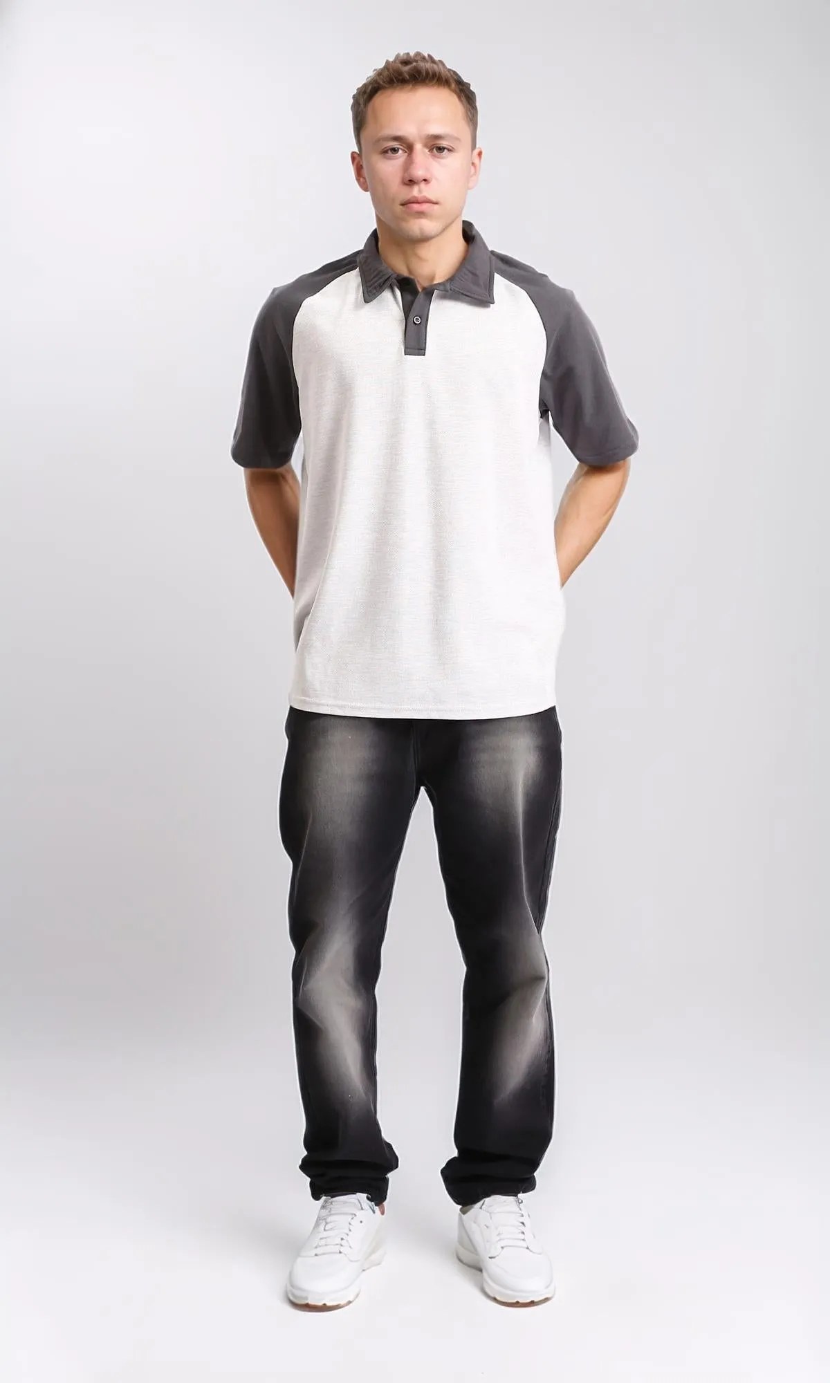 R206732 - Bi-Tone Relaxed Fit Polo Shirt - Dark Grey & White