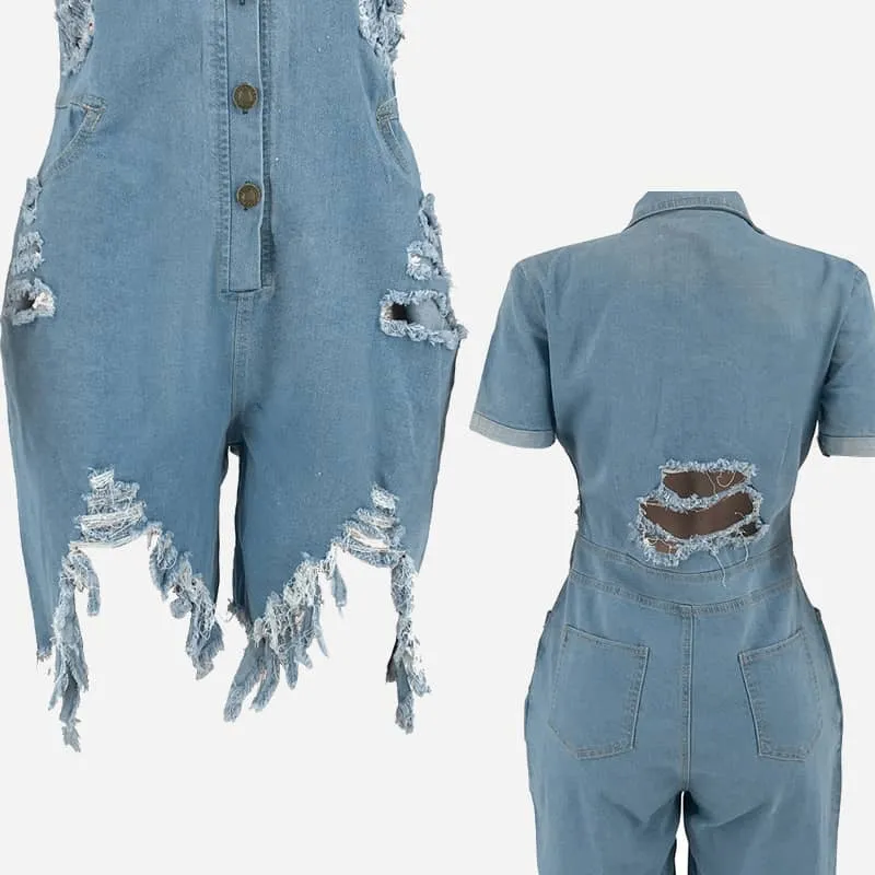 Sexy slim ripped denim jumpsuit