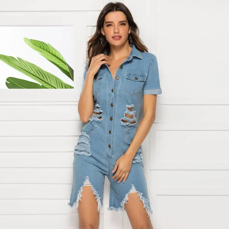 Sexy slim ripped denim jumpsuit