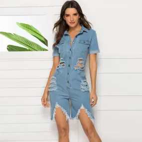 Sexy slim ripped denim jumpsuit