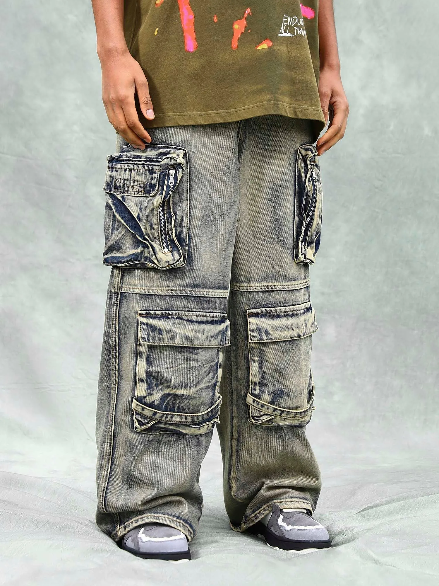 Sneakerhill Vintage Washed Multifunctional Denim Overalls - 1967