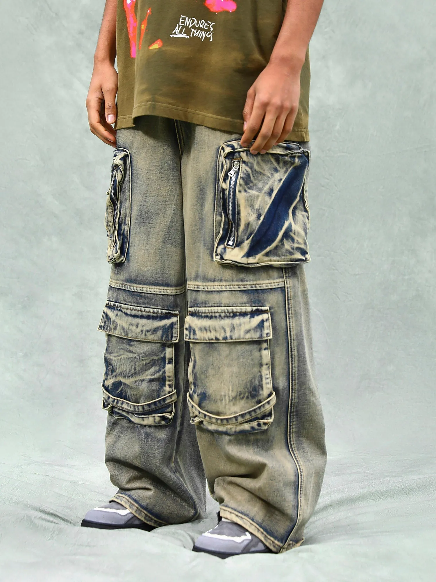 Sneakerhill Vintage Washed Multifunctional Denim Overalls - 1967